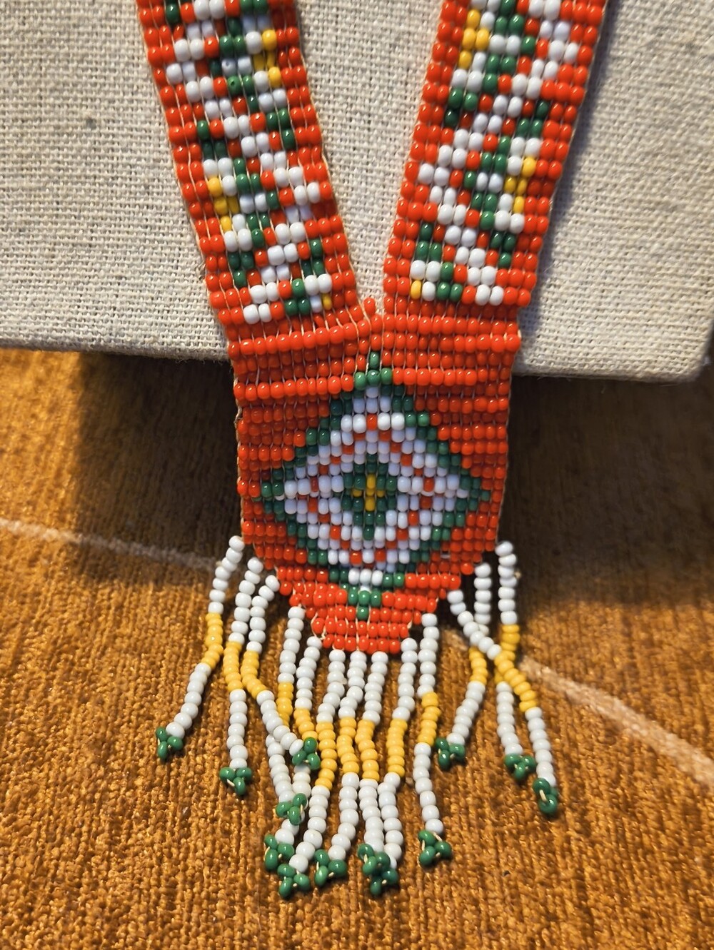 Vintage Native American Seed Bead Necklace Sash Handmade Fringe Eye Necklace